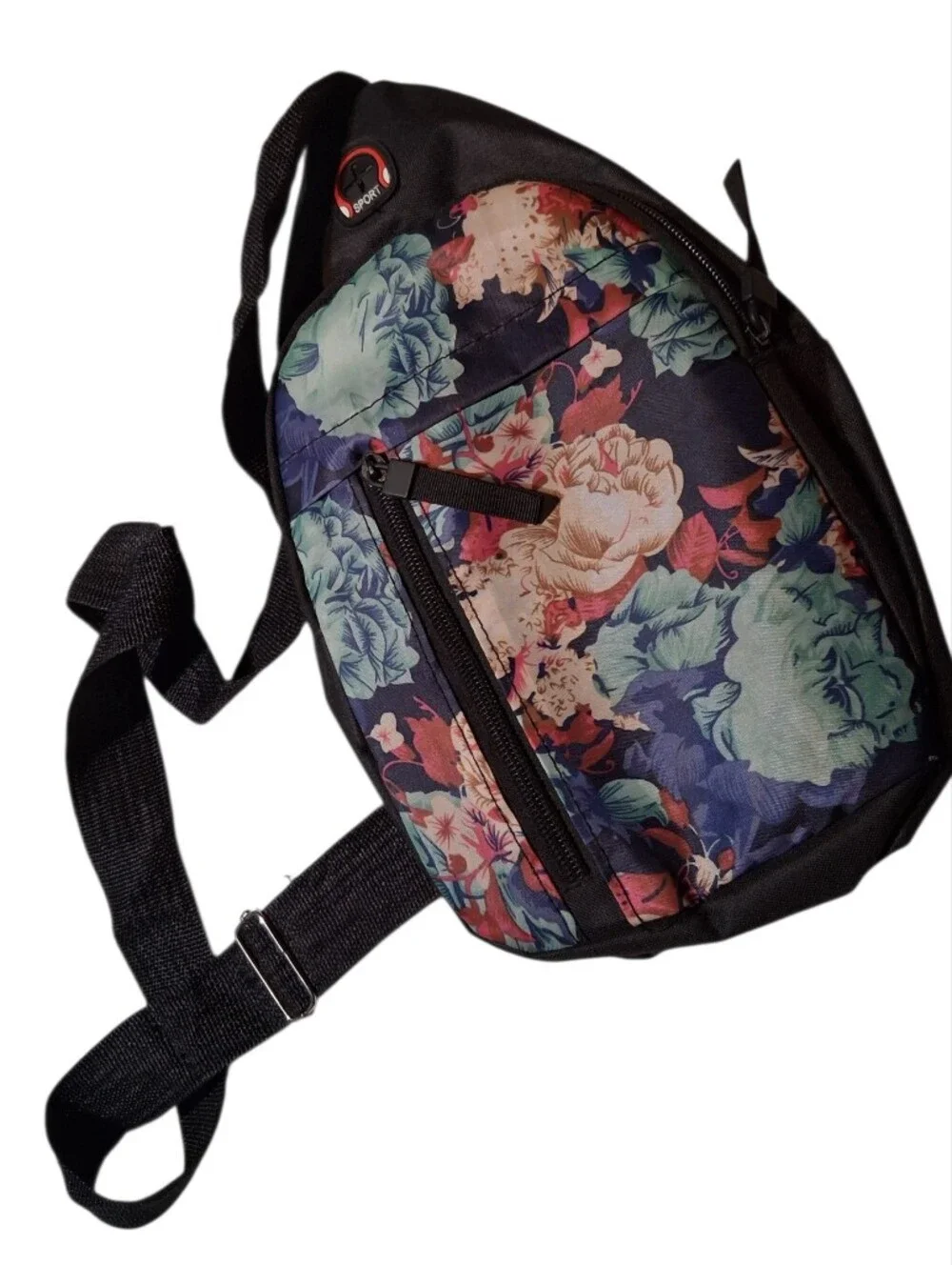 Women's Floral Print Crossbody Sling Backpack Black Botanical Daypack Chest Bag